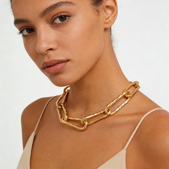 Women Paperclip 14k Gold Plated Paperclip Thick Link Chokers Chain Necklace - Picture 2 of 7